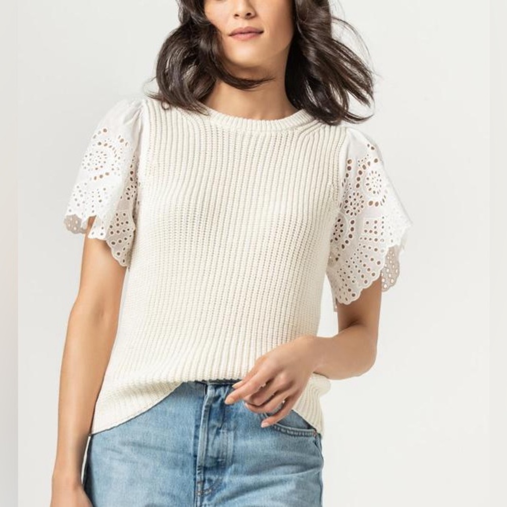 LILLA P mixed media pullover sweater Eyelet poplin sleeve size large ivory white